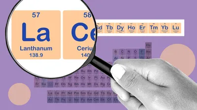 A hand holds a magnifying glass over the periodic table, enlarging the elements lanthanum and cerium.